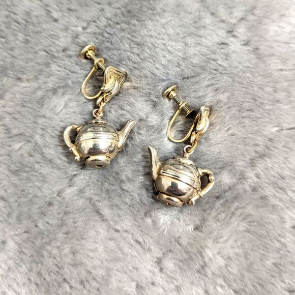 Vintage 50's Silvertone Teapot Screw Back Earrings - Picture 8 of 9